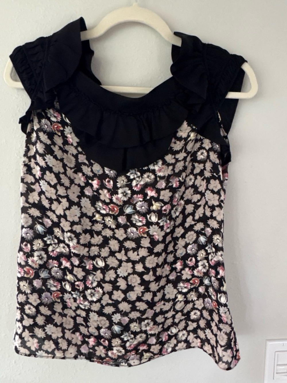 100% silk coquette, romantic floral blouse with delicate flirty ruffle neckline